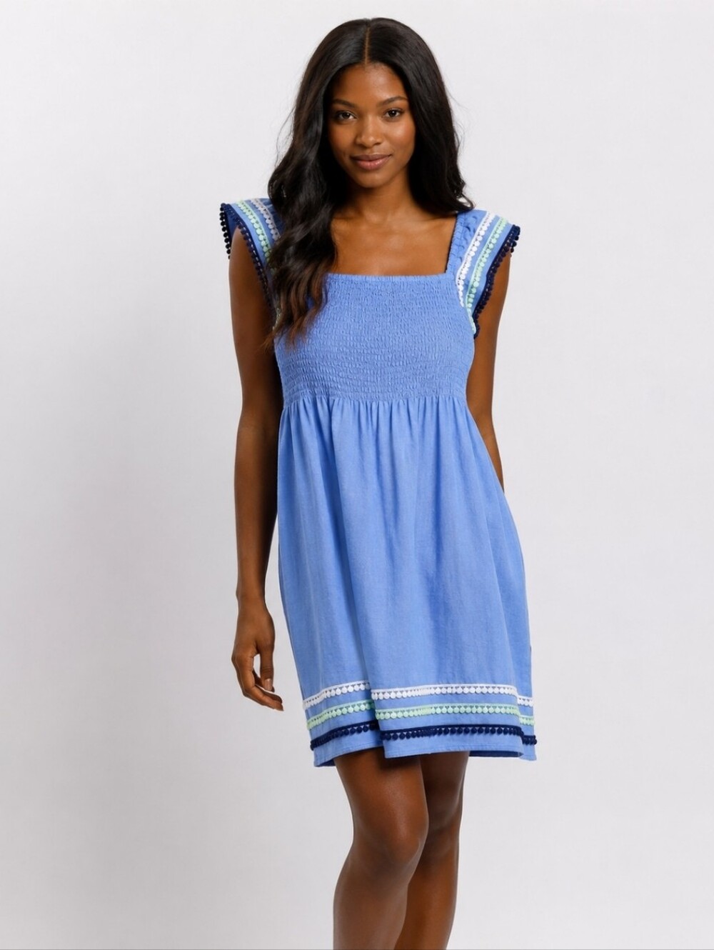 $218 STS SAIL to SABLE Womens Square Dress Linen Rayon Ruffle Sleeve Smocked L